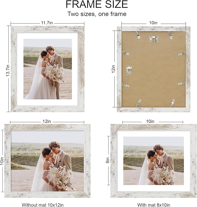 10x12 Picture Frame Set of 4, Made of Real Glass and Distressed White Frame - Display Picture 8x10 with Mat or 10x12 Without Mat, 10 by 12 Photo for Wall Mounting