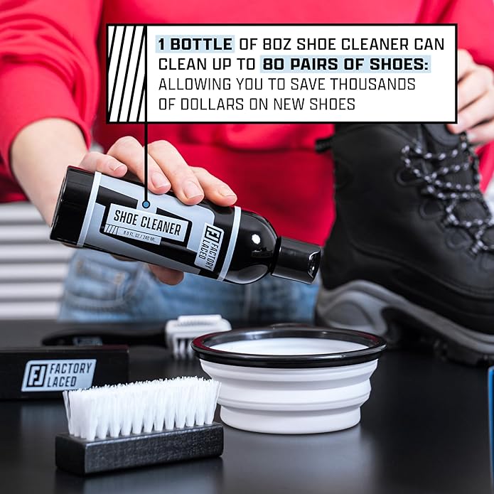 FACTORY LACED Shoe Cleaning Kit - Complete Sneaker Cleaner Kit with 8oz Solution, 4 Brushes, 2 Shoe Trees, Microfiber Towel & Bowl - The Ultimate Shoe Cleaner Kit for Jordans and Nike Shoes