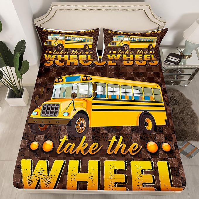 Erosebridal School Bus Sheet Set Full for Boys Teens Grids Camouflage Flat Sheet Kids Girls Youth School Car Fitted Sheet Lattice Camo Design Soft Microfiber Bed Sheet Set with 2 Pillowcases