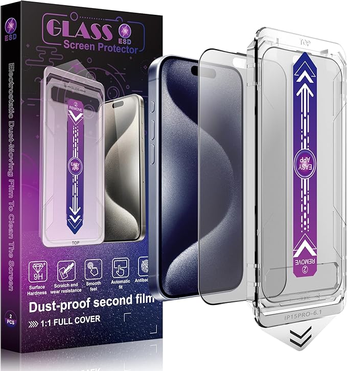SHANG PIN JIA 2 Pack Matte Screen Protector for iPhone 15 Pro 6.1-Inch Auto Dust Removal, No Bubbles, Tempered Glass Film, Easy Installation