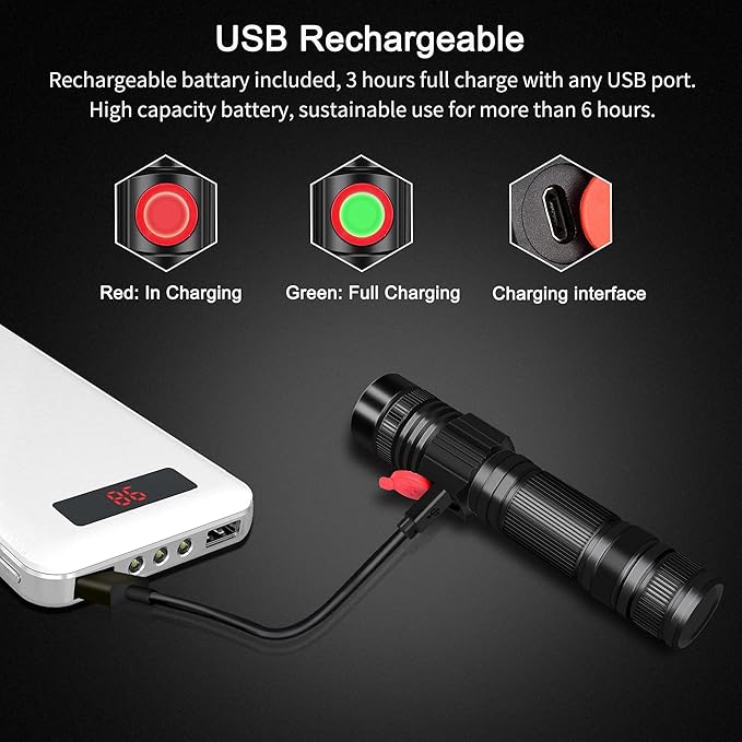 DARKBEAM LED Flashlights Rechargeable USB 2000 High Lumens, Small and Bright Pocket Flashlight, Zoomable Water Resistant Handheld Flash Light for Camping, Outdoor, Emergency with Battery, 2 Pack