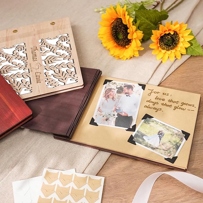 Custom Wedding Scrapbook Album, Personalized Wooden Wedding Photo Albums Carved Flowers and Engraved Names, Anniversary Memory Birthday Engagement Keepsake Gifts