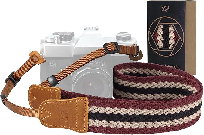 Padwa Lifestyle Stripes Camera Strap - 1.5" Crazy Horse Cowhide Head Soft Cotton Rope Weave Camera Straps for Photographers and All Cameras,Cute Adjustable Vintage Woven Strap for Adults & Kids