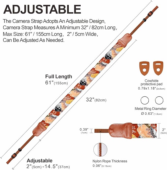 Padwa Lifestyle Japanese Art Style Brown Camera Strap - 2" Wide Double Layer Cowhide Head,Pure Cotton Camera Shoulder Straps,Adjustable Camera Neck Strap for All DSLR Cameras, Gifts for Photographers
