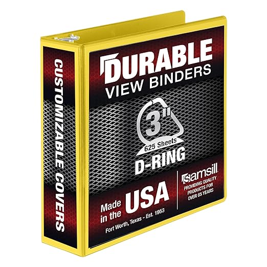 Samsill Durable 3 inch 3 Ring Binder, Made in USA, D Ring Binder, FSC 100% Recycled Chipboard, Yellow