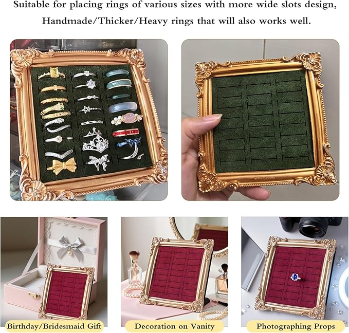 Vintage Photo Frame Ring Holder - 24 Slot Velvet Jewelry Organizer Display Stand for All Ring Sizes, Gold Baroque Elegant Storage Tray for Wedding Engagement Collection Photography (Blue)