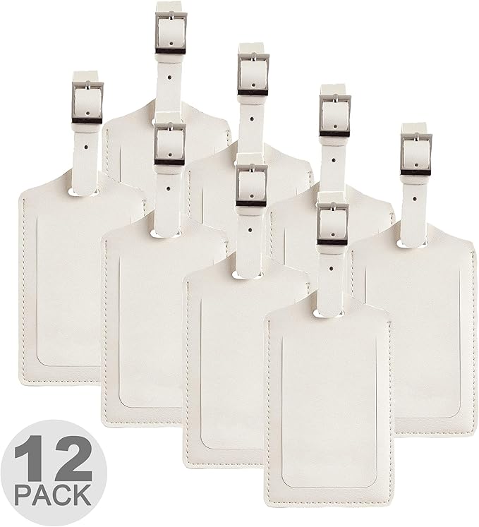 Travelambo 12 Pack Luggage Tags Faux Leather for Suitcases Travel Bag Labels with Protection Cover ID (Ivory)