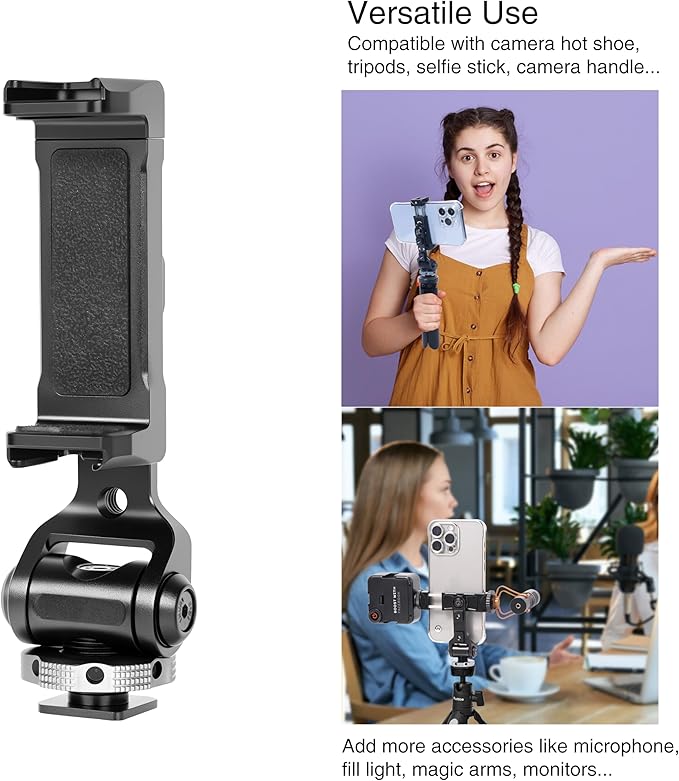 Metal Phone Tripod Mount Adapter with Cold Shoe, 360° Swivel 180° Tilt, Phone Holder Clamp Compatible with iPhone 16, 15 Pro Max Galaxy S24, etc. Free Adjustment Joints