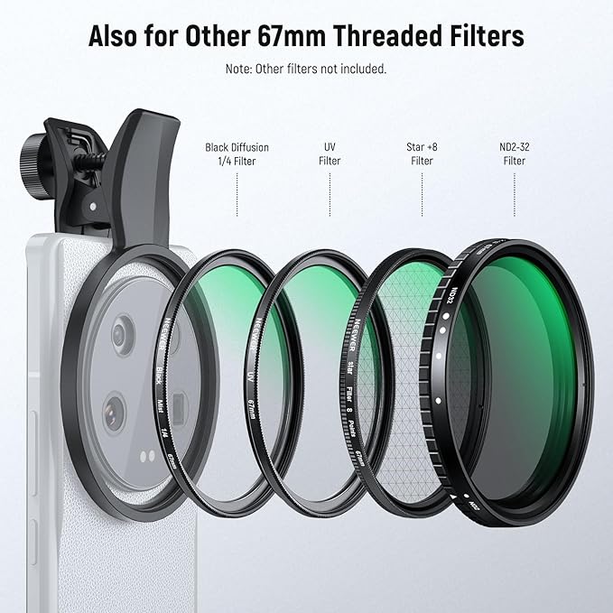 NEEWER 67mm 7 Pack ND Filter Set Compatible with Android Samsung Google Huawei Xiaomi Phone, Clip On CPL+ ND32 + Starlight + GND (Red/Orange/Yellow/Blue) Photography Accessories Kit with Case, FL-P14