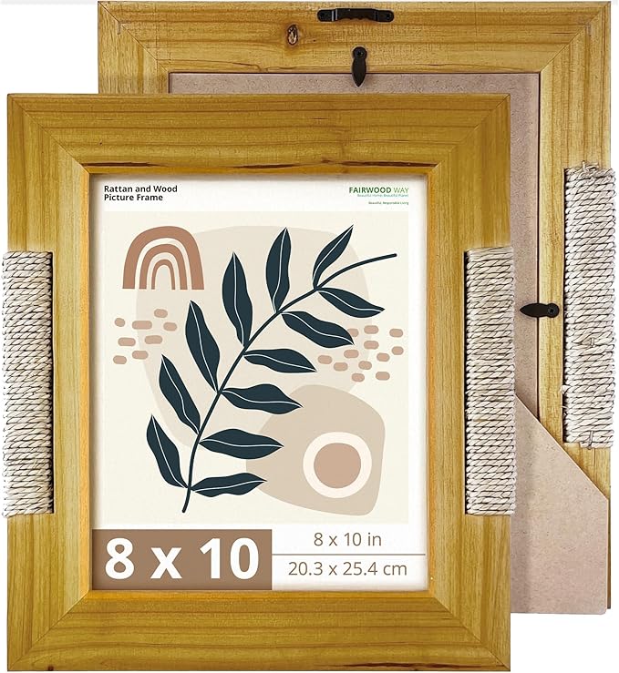 Rattan and Wood Picture Frame for 8x10 Inch Photo or Artwork - Boho, Coastal, or Beach Photo Frame, Wooden Decorative Frames for Natural Modern Tabletop Stand and Wall Mount - Golden Brown