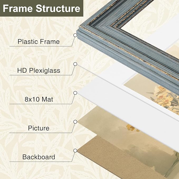 Vittanly 11x14 Picture Frame Set of 4, Vintage Photo Frame for Wall Mount, Display 8x10 Pictures with Mat or 11x14 without Mat, Rustic Farmhouse Home Decor, Vintage Blue