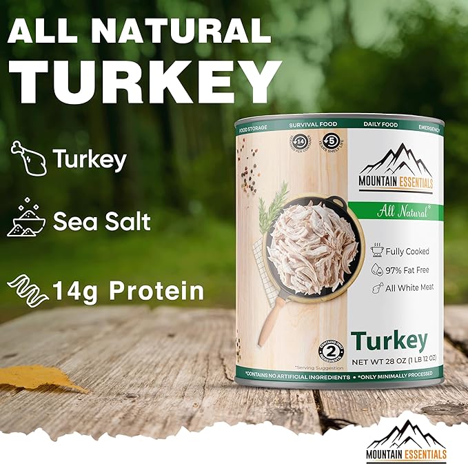 MOUNTAIN ESSENTIALS All Natural Canned Turkey 28 Oz – Fully Cooked, Ready to Eat White Meat – Pantry Staple for Daily Meals, Emergency, Survival & Camping – 5-Year Shelf Life – Made in USA – 12 Pack