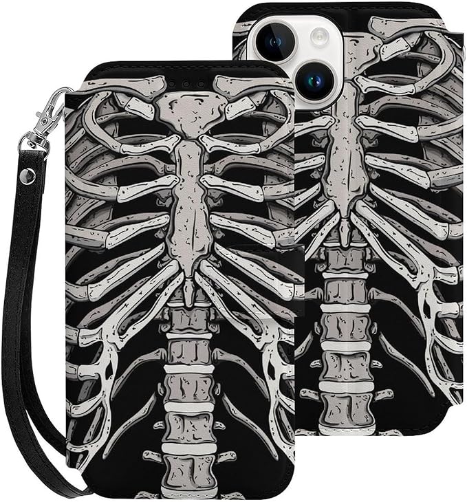 Skeleton Ribcage Bone Flip Leather Phone Case Compatible with iPhone 15/15 Plus/15 Pro/15 Pro Max