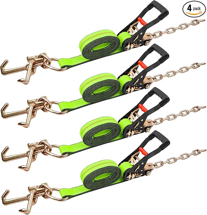 2" x 12' RTJ Cluster Hook Ratchet Straps with 8 Point Chain, 4 Pack - Heavy Duty Tow Strap for Trucks, Trailers, and Car Haulers - Wheel Tie Down Straps for Tow Trucks & Auto Transport