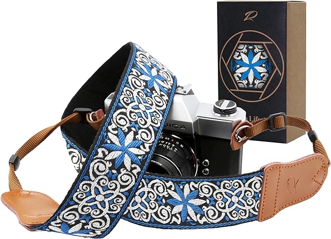 Padwa Lifestyle Blue Floral Camera Strap - 2" Cowhide Head Camera Straps for Photographers,Vintage Jacquard Embroidery Woven Cotton Adjustable Shoulder Neck Straps for Cameras,Binoculars