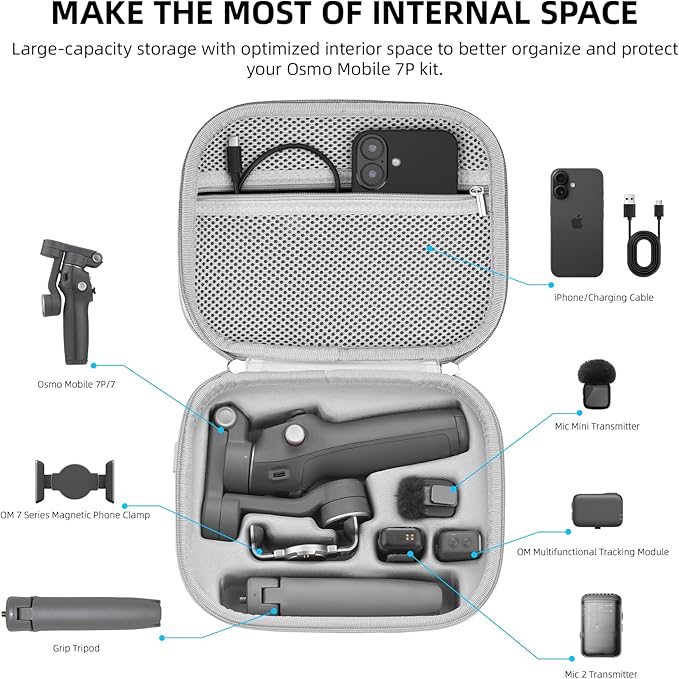 Osmo Mobile 7P Carrying Case, PU Portable Shoulder Bag for DJI OM 8/7/Pro – Protective Travel Storage Case Smartphone Gimbal Stabilizer Accessories, Gray