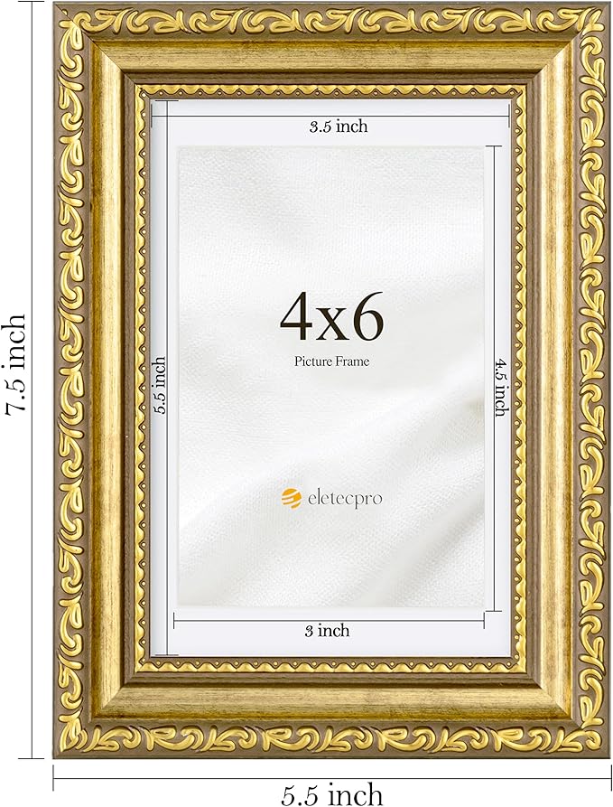 eletecpro 4x6 Picture Frames Set of 4, Retro Frames with Glass Cover, Vintage Gold Photo Frame 4 by 6 Displays 3.5x5 Photo with Mat or 4x6 without Mat for Tabletop or Wall Decor, Gold