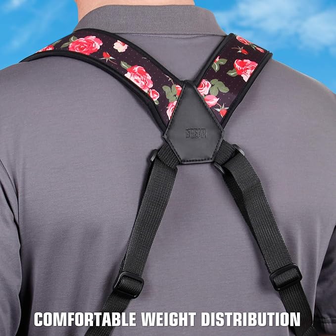 USA Gear DSLR Camera Strap Chest Harness with Quick Release Buckles, Floral Neoprene Pattern and Accessory Pockets - Compatible with Canon, Nikon, Sony and More Point and Shoot and Mirrorless Cameras