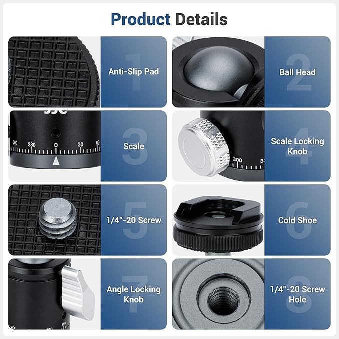 JJC Mini Ball Head, Ballhead Tripod Mount Adapter Converter for Tripod Monopod Camera LED Light Microphone, Cold Shoe Tripod Mount Adapter for Photography, 1/4''-20 to Cold Shoe Mount Adapter