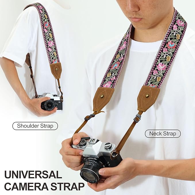 Padwa Lifestyle Embroidered Flower Camera Strap - 2" Wide Classic Vintage Crazy Horse Arts Cowhide Head Camera Straps for Photographers,Universal Neck Shoulder & Crossbody Strap Fit DSLR/SLR Camera