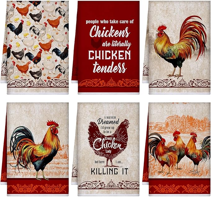 6 Pcs Chicken Kitchen Towels Funny Rooster Dish Towels Christian Farmhouse Dishcloths Vintage Hand Clothes Rustic Chicken Dry Cloth for Spring Easter Bathroom Decor Housewarming Gift