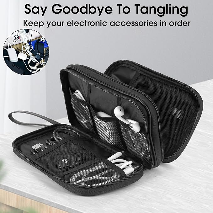 Arae Leather Travel Essentials Electronic Organizer - Double Layer, Waterproof Case for Cables, Chargers & More - Portable, Shockproof Pouch for All Electronics Accessories (Leather Black, M)