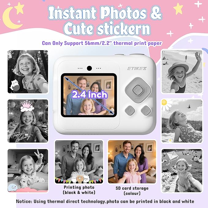 ETIKEZ Kids Camera, 1080P Instant Digital Print Camera for Kids, Christmas Birthday Gifts for 4 5 6 7 8 9 10 Year Old Girls Boys, Portable Toy with 32GB SD Card & 3 Rolls Printing Paper, White