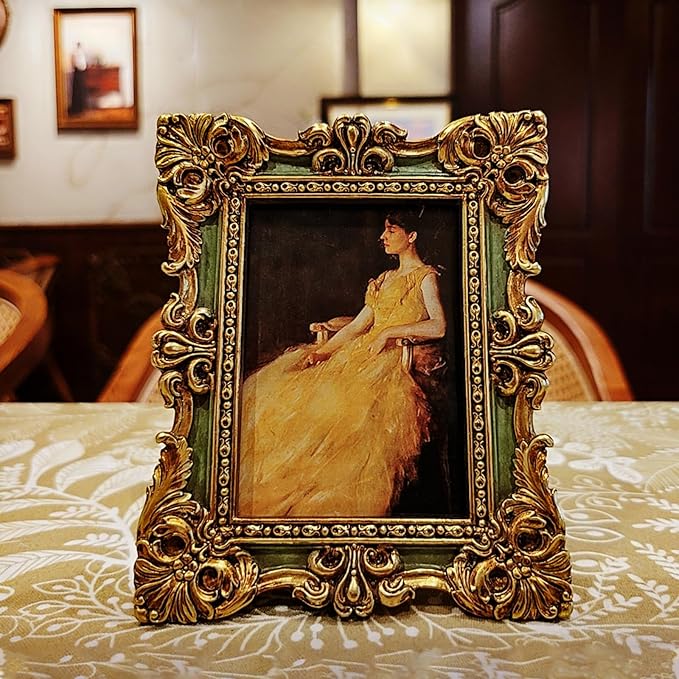 CISOO 4x6 Vintage Picture Frame Antique Ornate Green and Gold Photo Frame, for Table Top and Wall Display, Decorative Floral Design Retro Home Decor, Photo Gallery Art