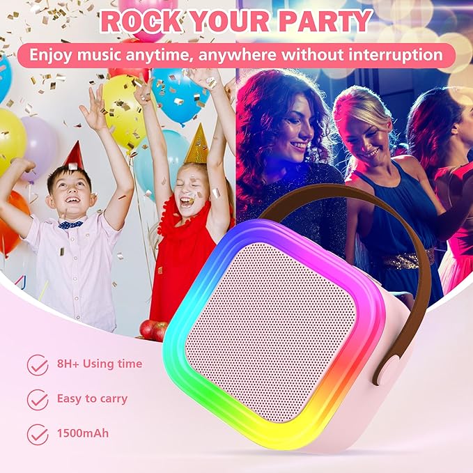 Mini Karaoke Machine for Kids Adults, Portable Bluetooth Speaker with 2 Wireless Microphones,Toys Birthday Gifts for Girls Ages 4, 5, 6, 7, 8,9,10,11,12+ Family Home Party (Pink)