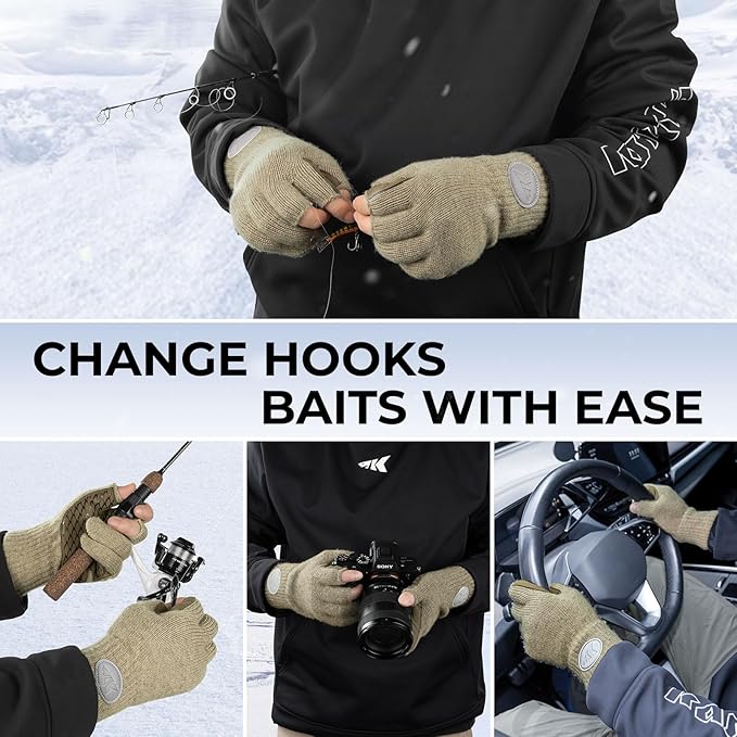 KastKing Bully Wooly 3-Cut Fingerless Wool Fishing Gloves, Cold Weather Warm Winter Gloves for Men & Women, Ice Fishing