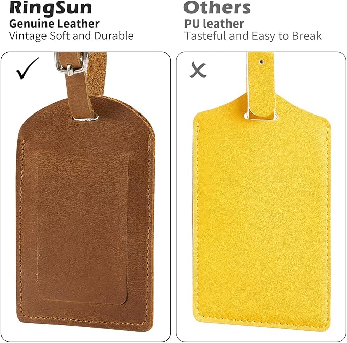 Ringsun Genuine Leather Luggage Tag for Suitcases ID Tags Bag Tags for Luggage (4 Pack)