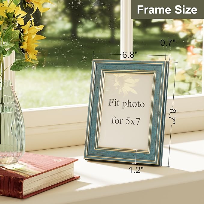 Vittanly 5x7 Picture Frame Set of 4, Vintage Photo Frame for Wall or Tabletop, Display 5x7 Pictures, Rustic Farmhouse Home Decor, Blue