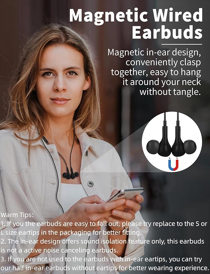 USB C Headphone for Samsung S26 S25 FE S24 A16 A17 Wired Earbuds Magnetic in-Ear Type C Earphone with Microphone Volume Control Bass Stereo Noise Canceling for iPhone 17 Pro Max 16 16e 15 Pixel 10 9a