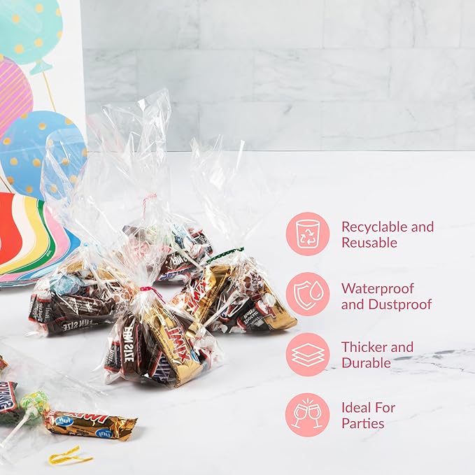 Prestee 200 Pack Clear Plastic Cellophane Bags - 4x6 with 4" Twist Ties, Candy & Cookie Bags, Treat Bags with Ties, Clear Gift Bags (Pack of 200)