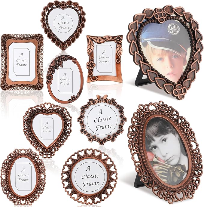Qunclay 8 Pcs 1"x1" Mini Vintage Picture Frame Tiny Metal Picture Frames Antique Mini Frame Wallet for Christmas Tabletop and Wall Display Old Fashioned Photo Gallery Art Decor