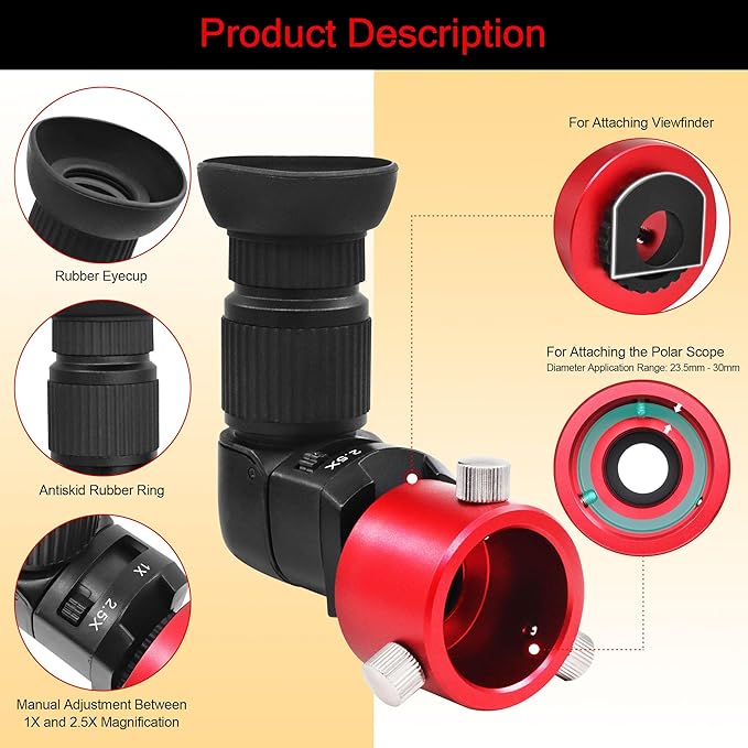 Astromania Right Angle Viewfinder for Camera & Polar Scope, 1X/2.5X Magnification Included 6 Mounting Adapters with Polar Scope Metal Adapter, Excellent Combination for Observing More Natural Beauty