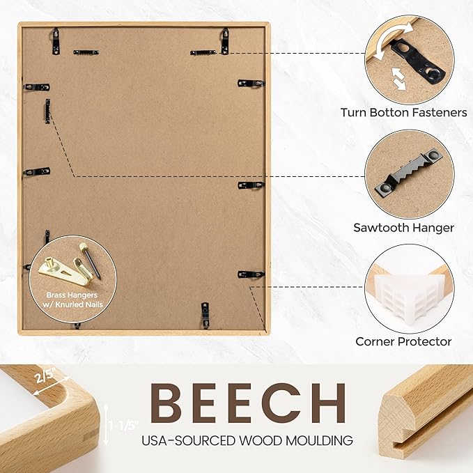 11x14 Picture Frame, USA-Sourced Natural Beech Wood Photo Frame with Tempered Glass, Handcrafted Rounded Corner 11 x 14 Wooden Frame Matted to 8x10 Photos, Hanging Hooks Included