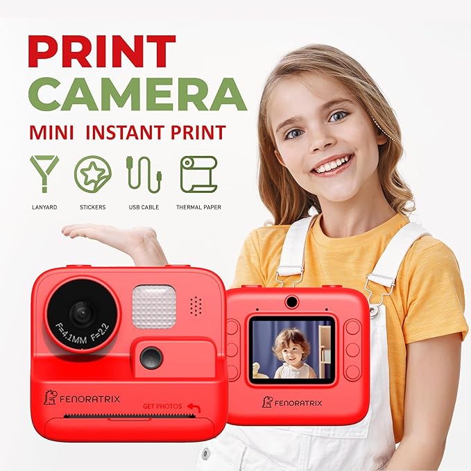 Instant Print Camera for Kids – No Ink Needed, 2.4" Screen, Selfie & 1080P Video, 10X Zoom, 3 Paper Rolls, Stickers & Markers, Fun Creative Gift for Boys & Girls Ages 3 4 5 6 7 8 9 10 – FENORATRIX RED
