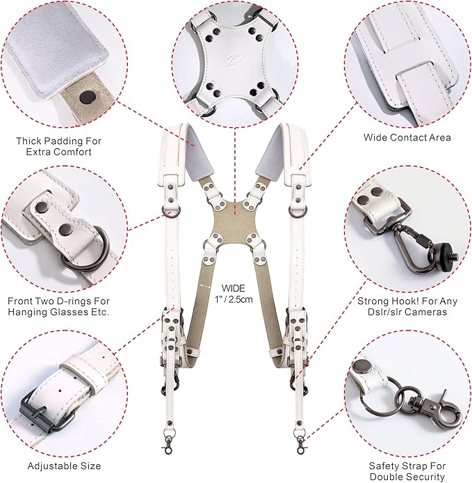 Padwa Lifestyle White Dual Camera Harness Strap for Two Cameras - Dual Shoulder Full Grain Leather Harness,Multi Double Camera Gear with Thick Padded,Double Camera Harness for Photographers
