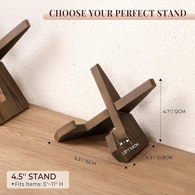 Plate Stand for Display - 3 Pack 4.5 Inch Holder, Wooden Picture Frame Easel, Decorative Table Top Brown