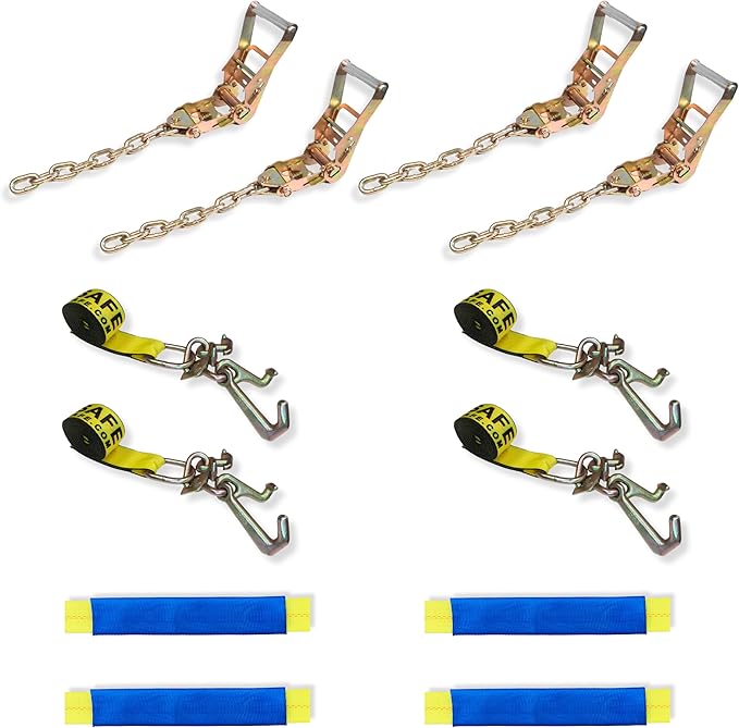 Mega Cargo Control 4 Pack 2" Chain Ratchet Strap w/RTJ Hook Tie Down Rollback, Bundle for Tow Truck Car Hauler