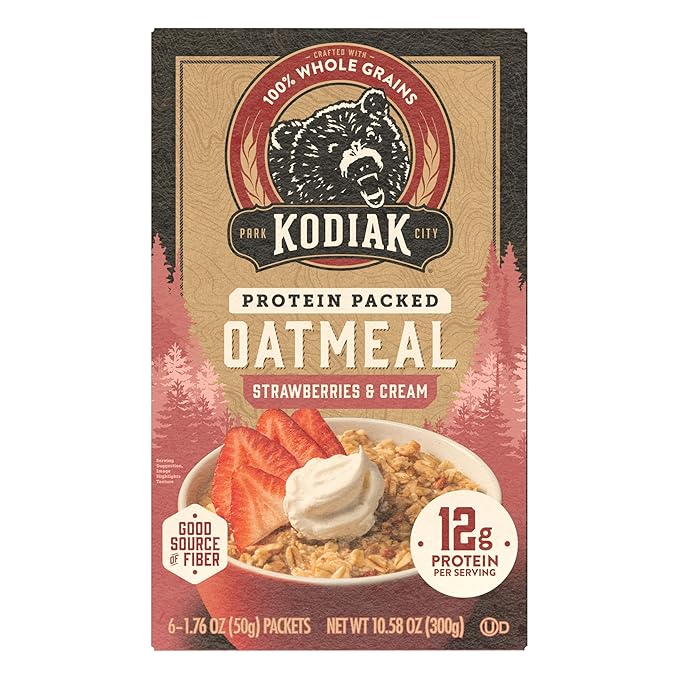 Kodiak Instant Oatmeal Packets, Strawberries & Cream, High Protein, 100% Whole Grains, 6 boxes with 6 packets each (36 packets total)