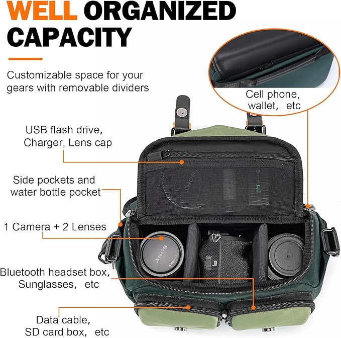 Cwatcun Camera Bag, Waterproof Flap Camera Crossbody Shoulder Messenger Case with Tripod Holder, Travel Photography Bag for Canon, Nikon, Sony, Fuji DSLR/SLR/Mirrorless Camera, Lens - Green, M