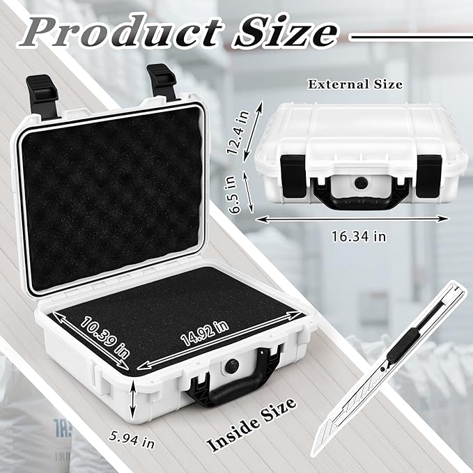 Relaxweex 1 Pcs 16.3 x 12.4 x 6.5 Inch Waterproof Hard Case with DIY Customizable Foam Insert Portable Protective Case with Knife for Camera Drones Equipments Tools Test Instruments (White)