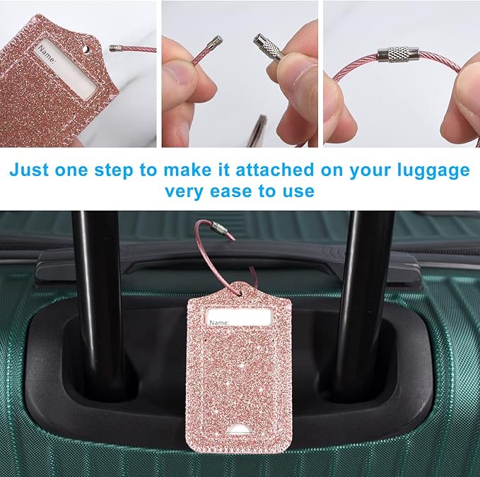 ACdream Luggage Tags 2 Pack, Leather Suitcase Tags Identifiers, Cute Cruise ID Labels with Privacy Cover fits on Backpack, Travel Bag, for Women, Men, Adults, Kids, Glitter Rose