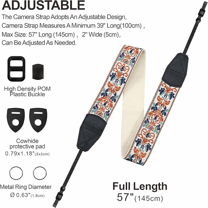 Padwa Lifestyle 2" Retro Jacquard Embroidery Camera Strap, Adjustable, Wide DSLR/SLR Camera Neck/Shoulder Strap with Genuine Leather Head (White Classic Flower)