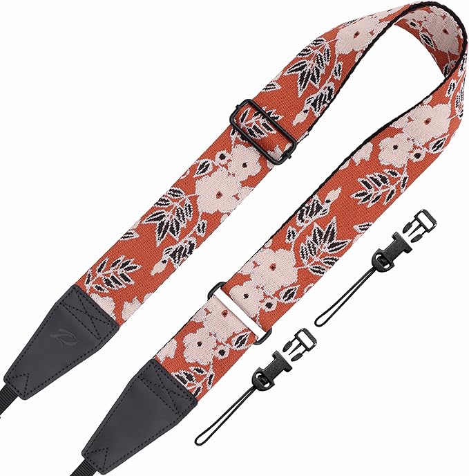Padwa Lifestyle Adjustable Camera Strap - 2" Top Layer Cowhide Head Camera Straps for Photographers,Soft Cotton Crossbody Strap with Quick Release fits All Cameras - Brown Flower