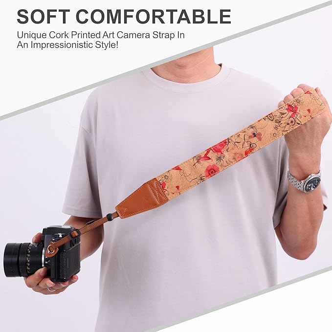 Padwa Lifestyle Cork Camera Strap - 2" Top Layer Cowhide Head Camera Straps for Photographers,Natural Log Crackle Art Print Style,Soft Chamois Velvet Padded Strap Quick Release fits All Cameras