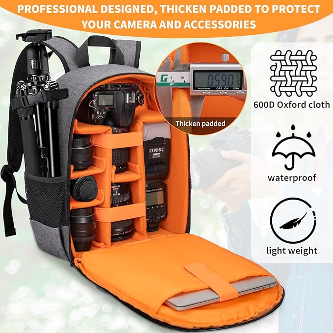 IPEB Camera Backpack for DSLR/SLR/Mirrorless Bag Professional Waterproof Camera Case 11"X5.9"X15" for Photographers Grey Orange