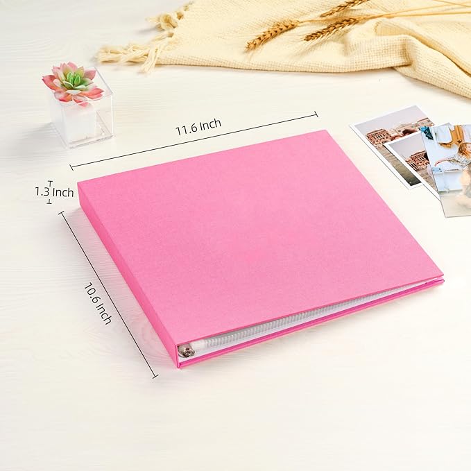 Mublalbum 10x10 Inch Large 3 Ring DIY Scrapbook Photo Album with 20 Plastic Sleeves 40 Pages Linen Cover Folder Binder for Baby Travel Wedding Anniversary and DIY Projects (Pink)